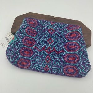 NEW Express Beaded Clutch Purple Blue Red Swirls Wooden Handle